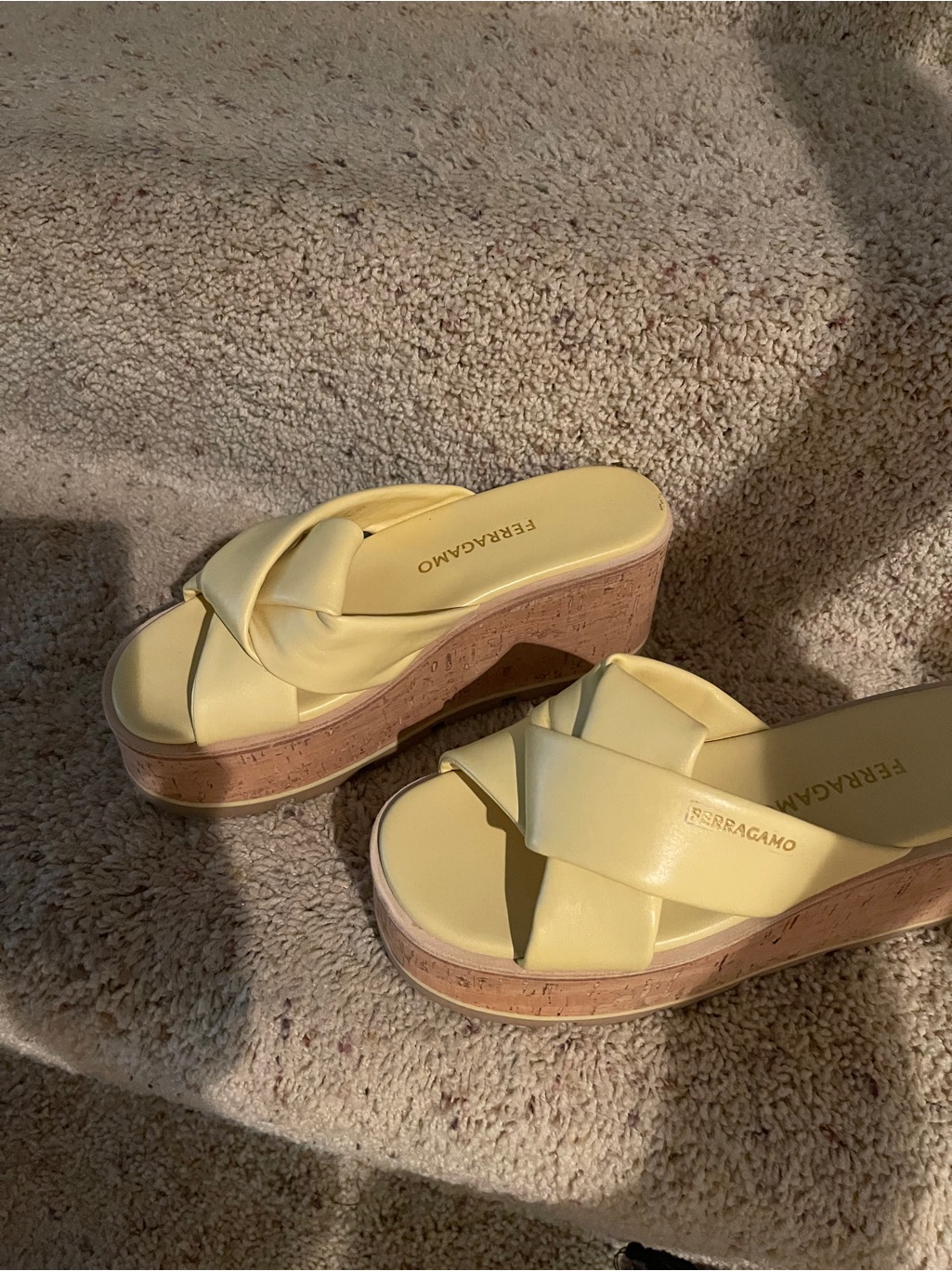 Salvatore Ferragamo Pale Yellow Leather Platform Wedge Sandals